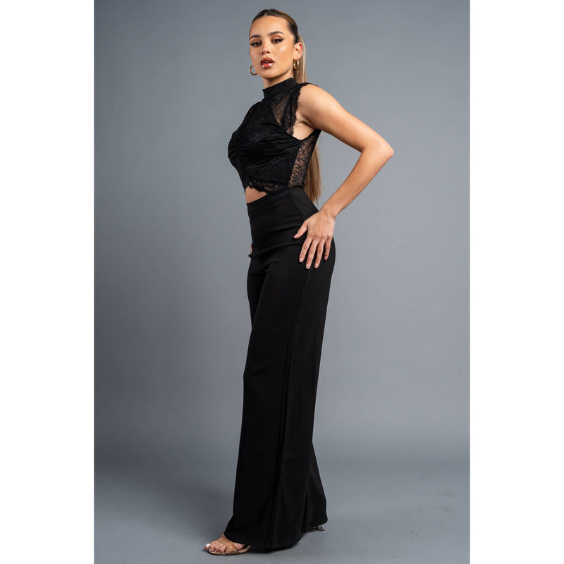 LUXE STRETCH WOVEN LACE KEYHOLE WIDE LEGS JUMPSUIT