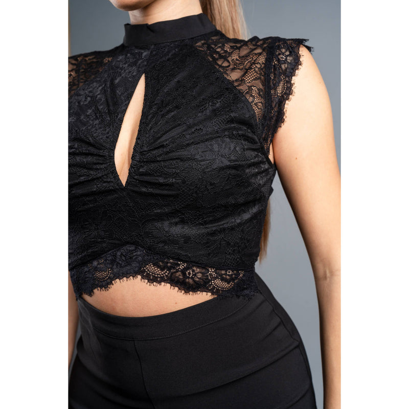 LUXE STRETCH WOVEN LACE KEYHOLE WIDE LEGS JUMPSUIT