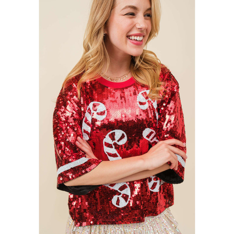 Red Candy Cane Sequin Top