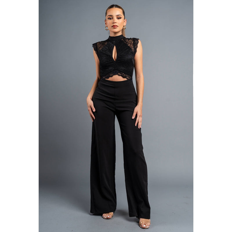LUXE STRETCH WOVEN LACE KEYHOLE WIDE LEGS JUMPSUIT
