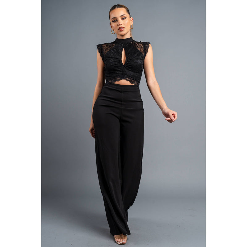 LUXE STRETCH WOVEN LACE KEYHOLE WIDE LEGS JUMPSUIT