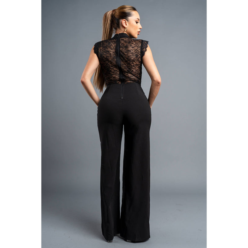 LUXE STRETCH WOVEN LACE KEYHOLE WIDE LEGS JUMPSUIT